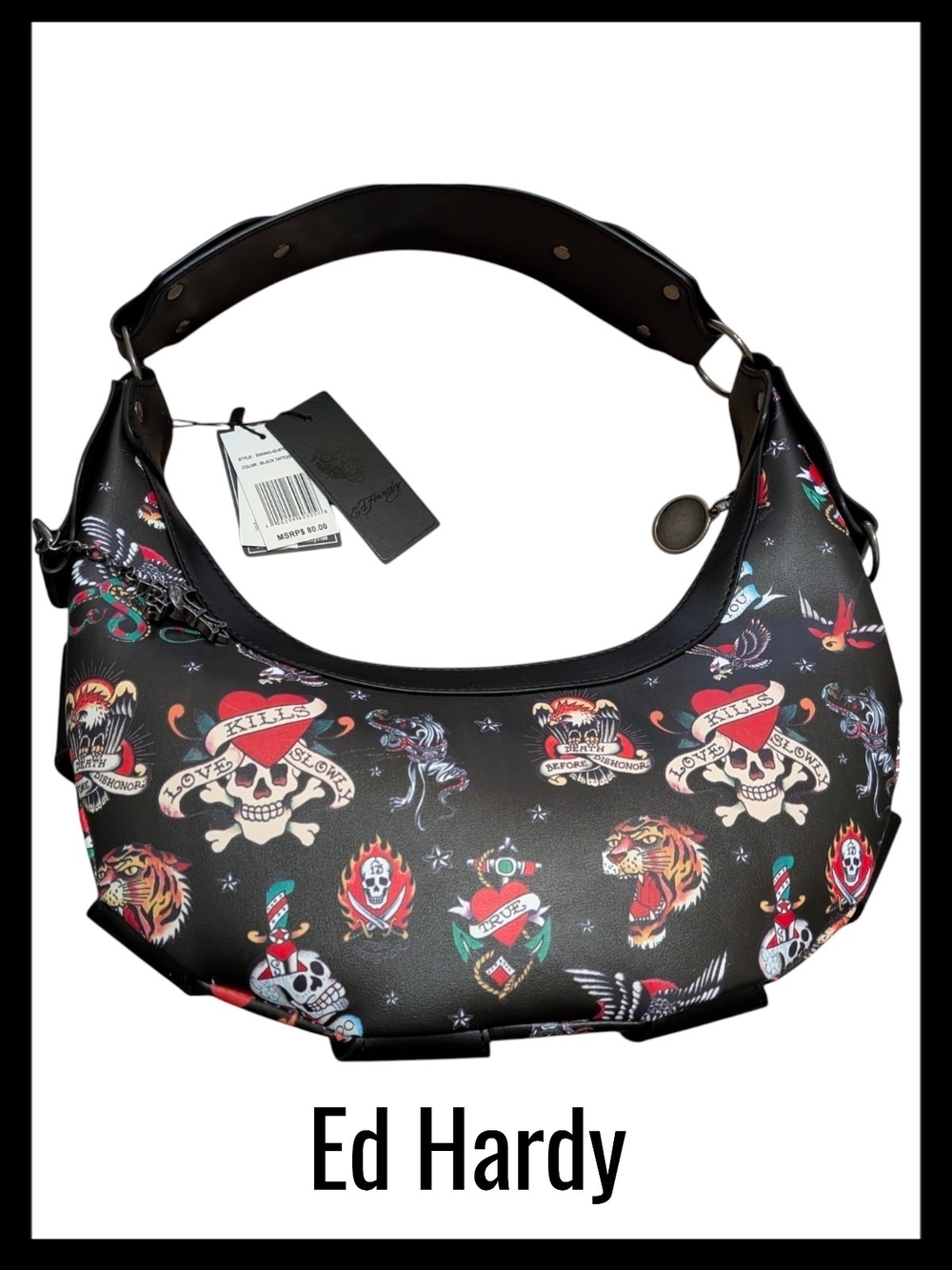 NWT Ed Hardy Black Studded Tattoo Print Hobo Shoulder Bag With Charms